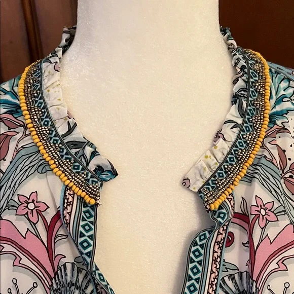 Hale Bob Blue and Pink Floral Beaded Silk Blouse, NWT, XL - Picture 2 of 11